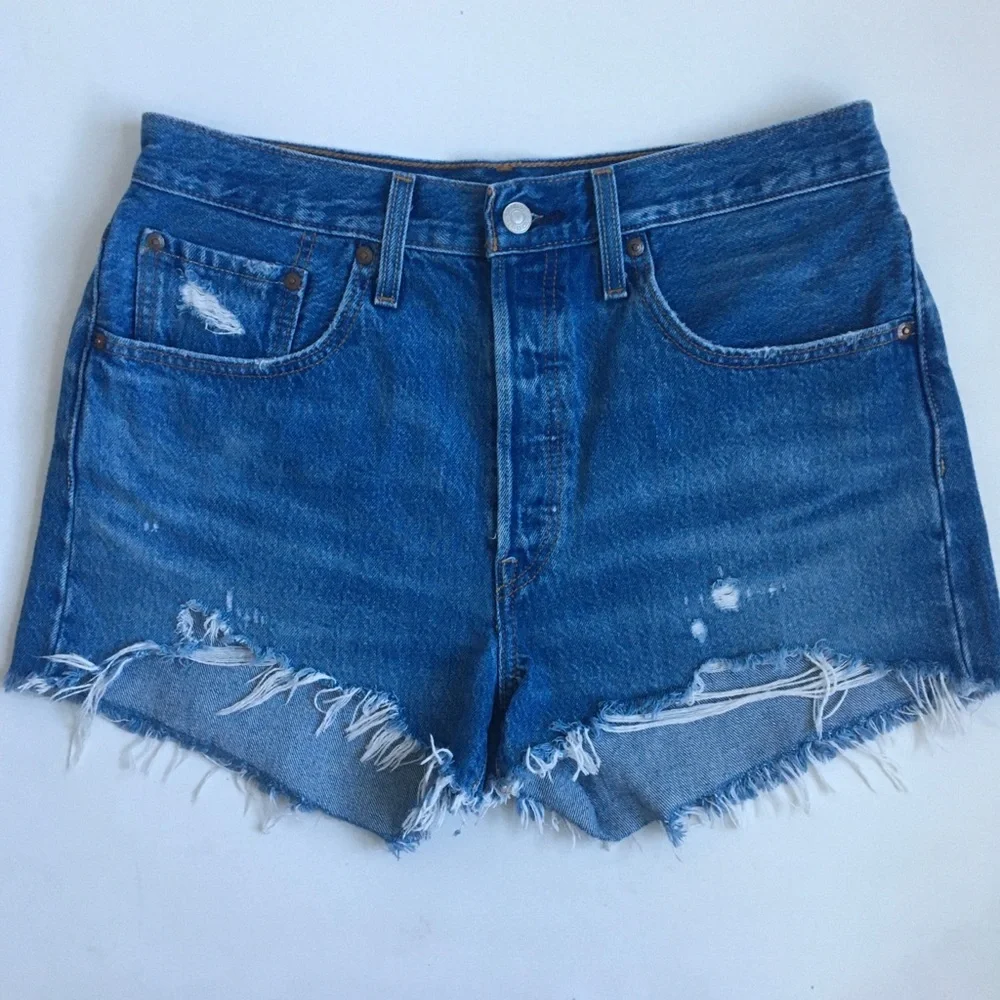 Levis Premium 501 High Rise Original Distressed Raw Hem Jean Shorts Size 30